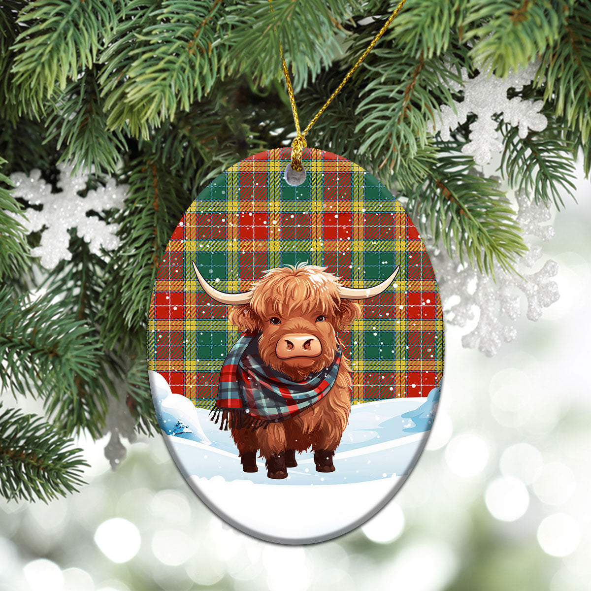 Buchanan Old Sett Tartan Christmas Ceramic Ornament - Highland Cows Snow Style