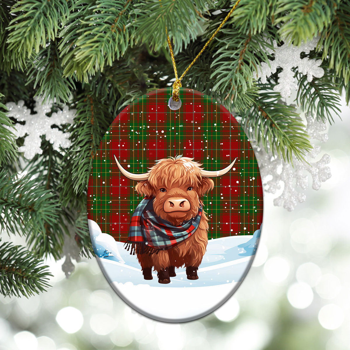 Burnett Tartan Christmas Ceramic Ornament - Highland Cows Snow Style