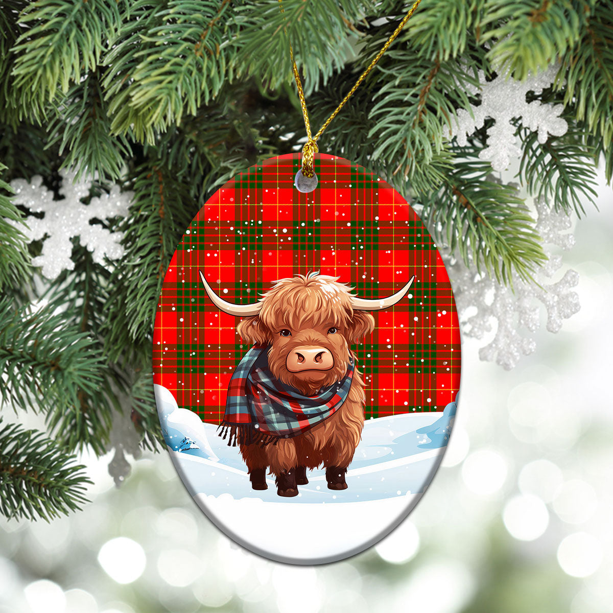 Cameron Modern Tartan Christmas Ceramic Ornament - Highland Cows Snow Style