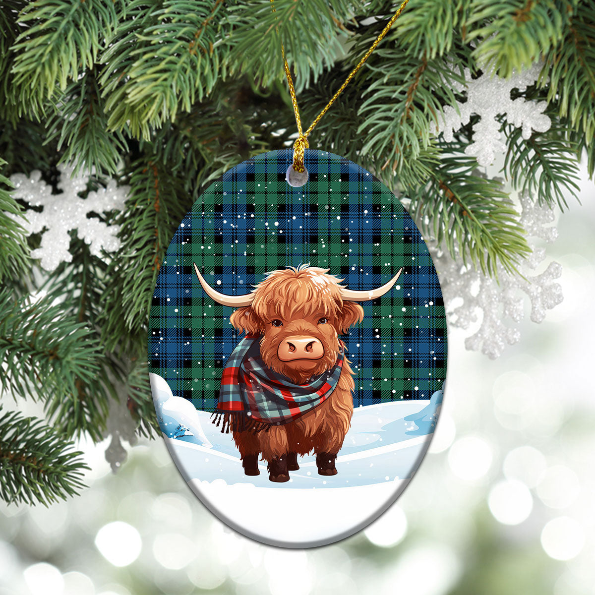 Campbell Ancient 02 Tartan Christmas Ceramic Ornament - Highland Cows Snow Style