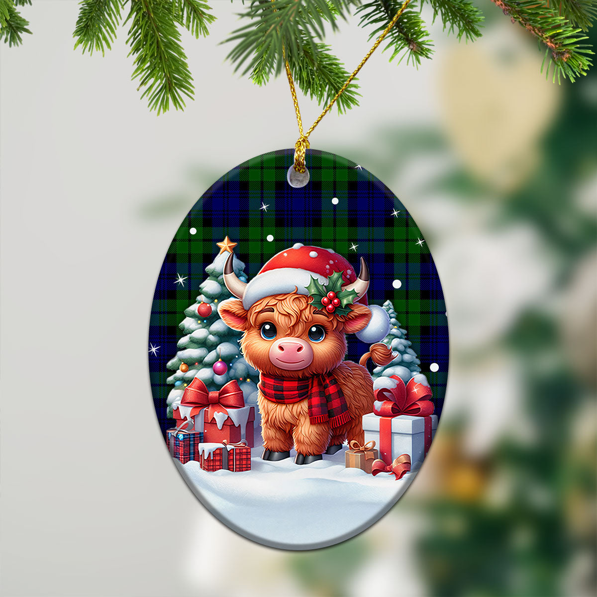 Campbell Modern Tartan Christmas Ceramic Ornament - Highland Cow Winter Style