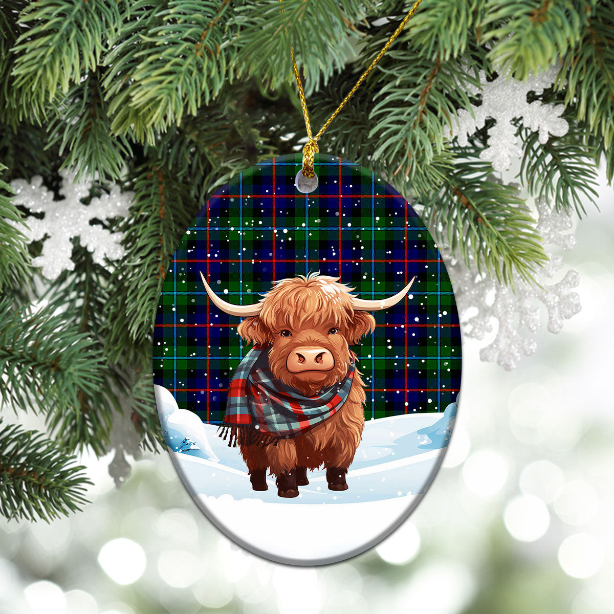 Campbell of Cawdor Modern Tartan Christmas Ceramic Ornament - Highland Cows Snow Style