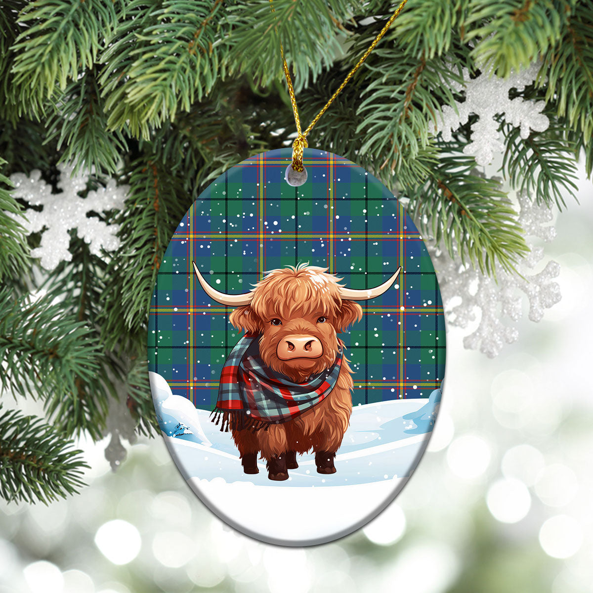 Carmichael Ancient Tartan Christmas Ceramic Ornament - Highland Cows Snow Style