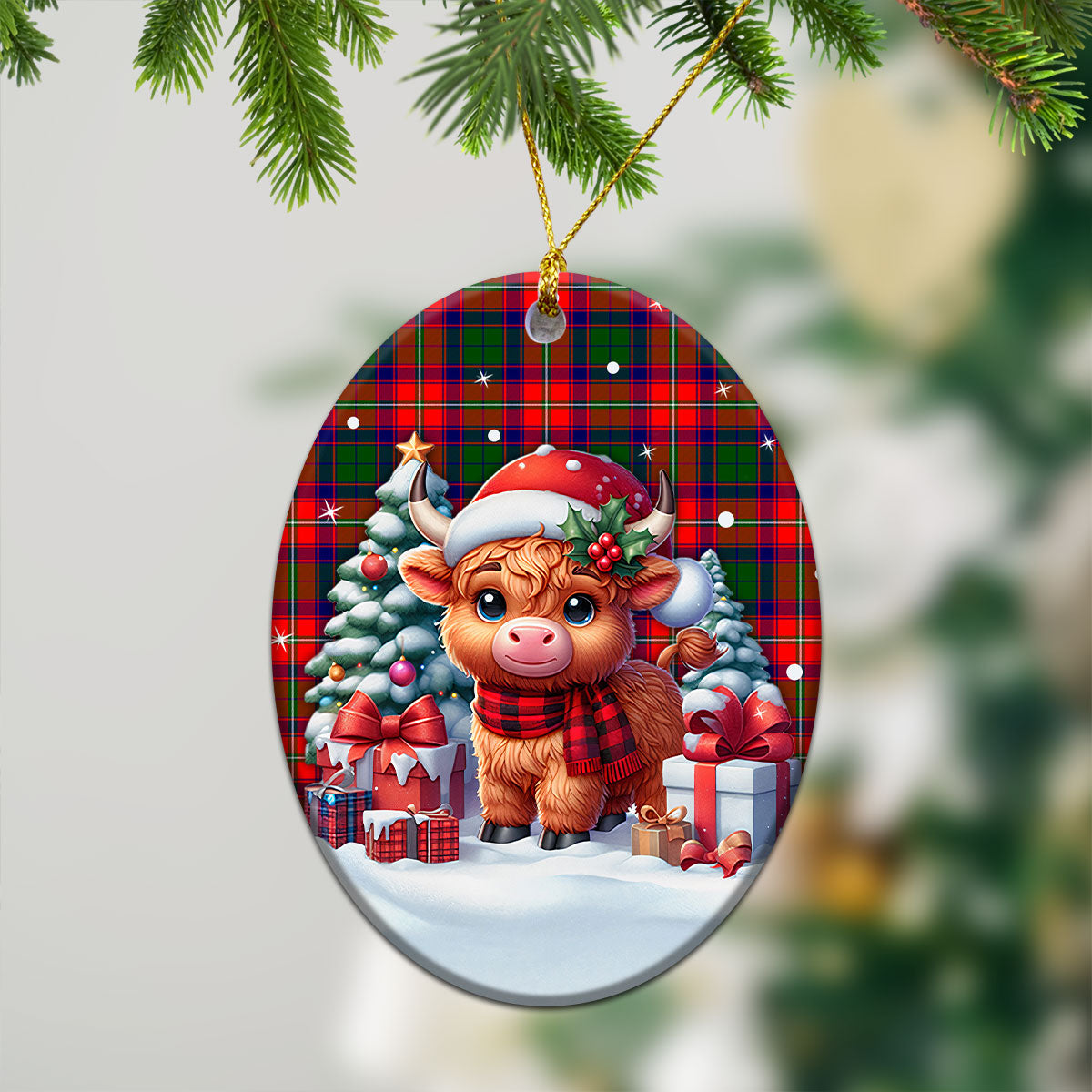 Charteris (Earl of Wemyss) Tartan Christmas Ceramic Ornament - Highland Cow Winter Style