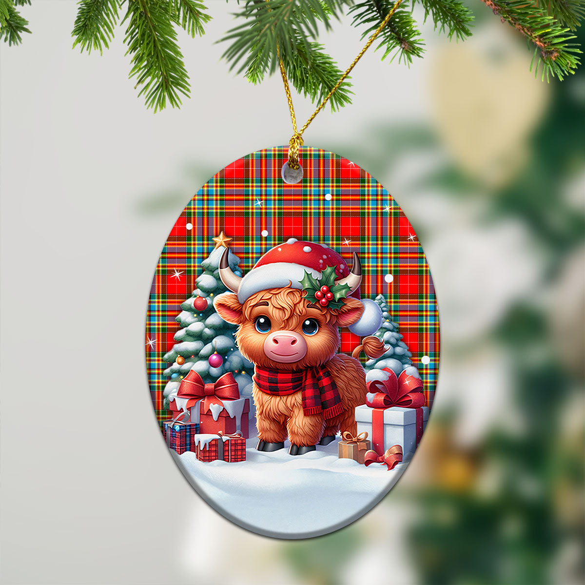 Chattan Tartan Christmas Ceramic Ornament - Highland Cow Winter Style