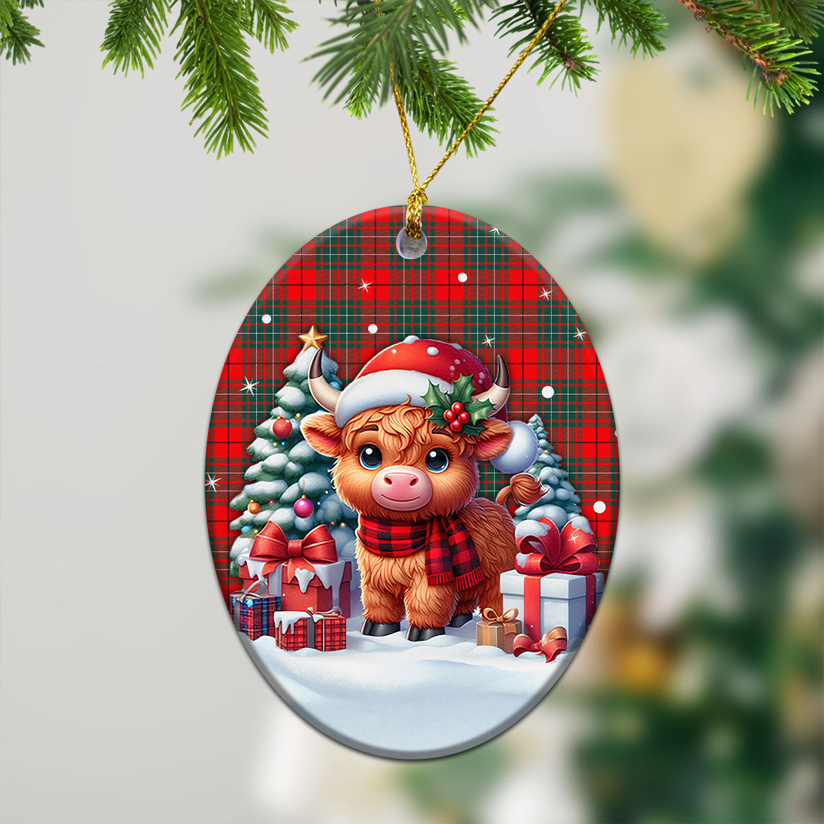 Cheyne Tartan Christmas Ceramic Ornament - Highland Cow Winter Style