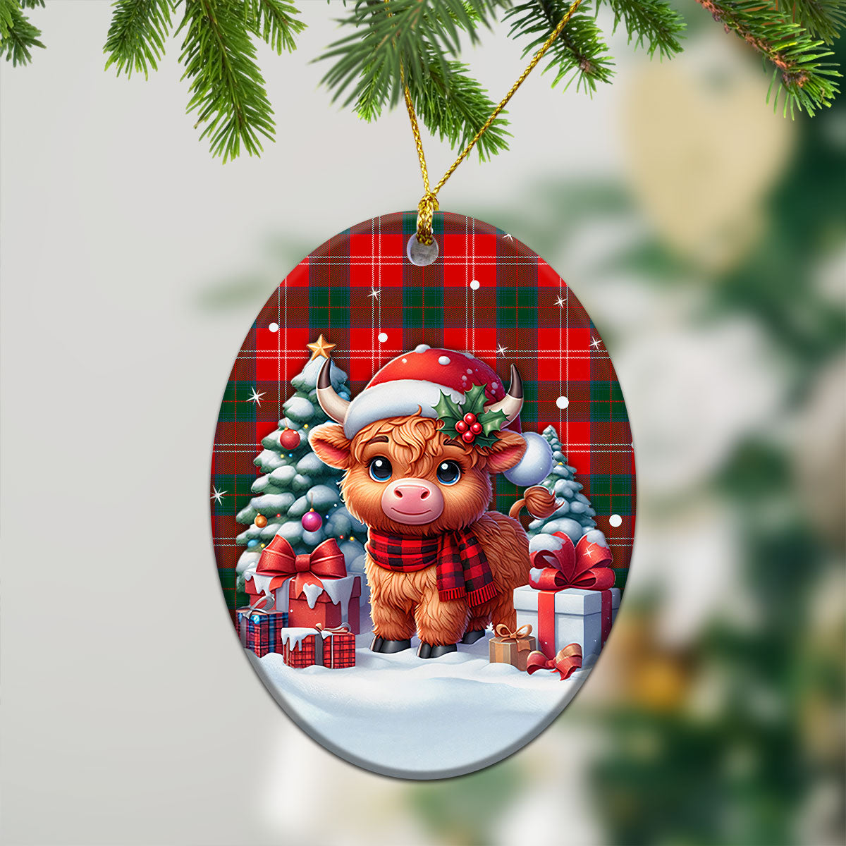 Chisholm Modern Tartan Christmas Ceramic Ornament - Highland Cow Winter Style