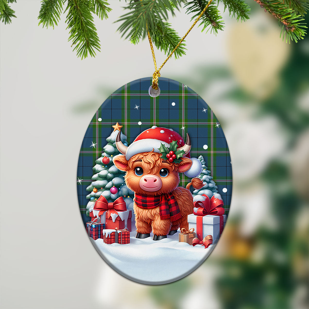 Clelland Tartan Christmas Ceramic Ornament - Highland Cow Winter Style