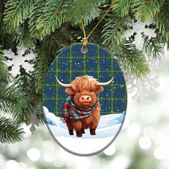 Clelland Tartan Christmas Ceramic Ornament - Highland Cows Snow Style