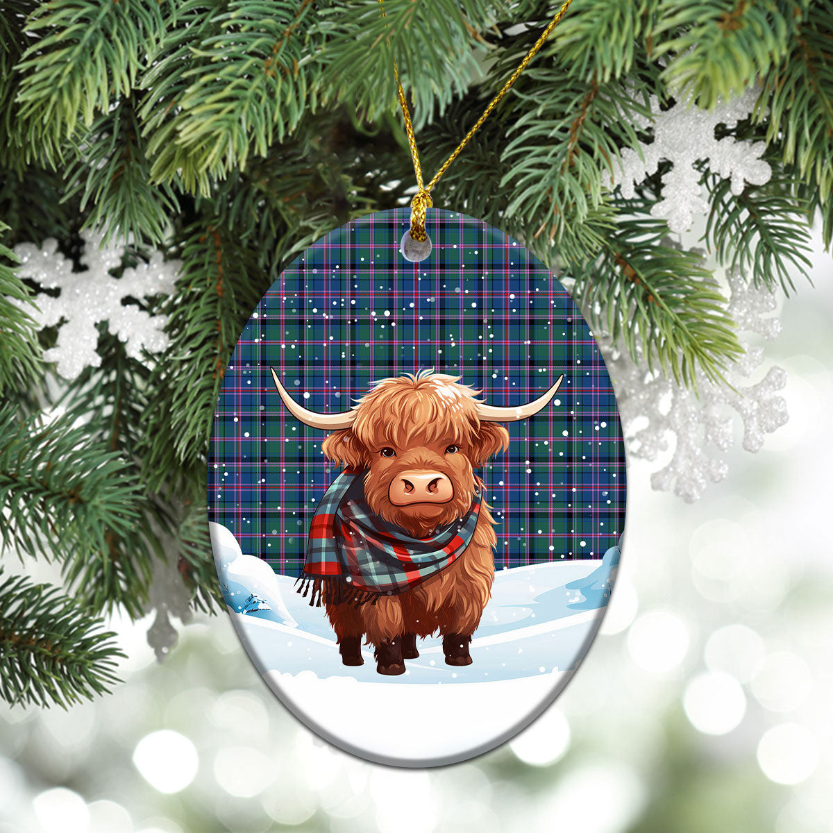 Cooper Ancient Tartan Christmas Ceramic Ornament - Highland Cows Snow Style