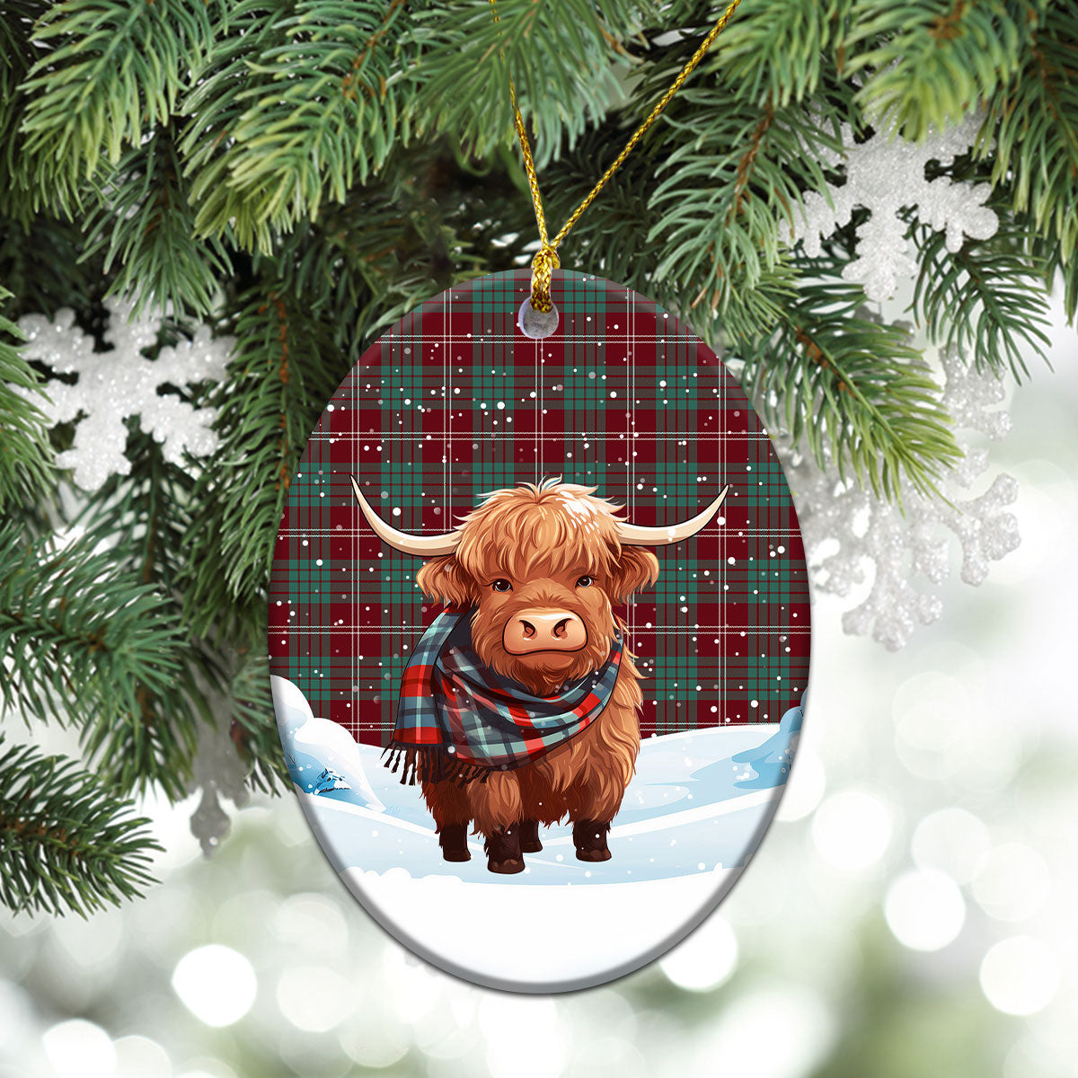 Crawford Modern Tartan Christmas Ceramic Ornament - Highland Cows Snow Style