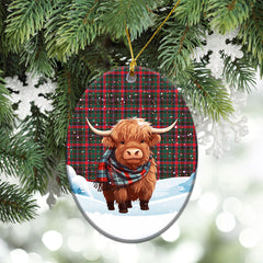 Cumming Hunting Modern Tartan Christmas Ceramic Ornament - Highland Cows Snow Style