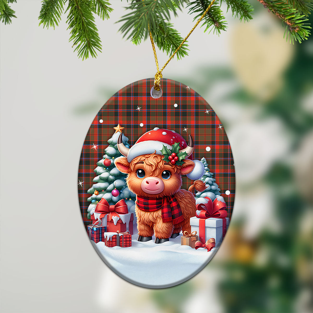 Cumming Hunting Weathered Tartan Christmas Ceramic Ornament - Highland Cow Winter Style