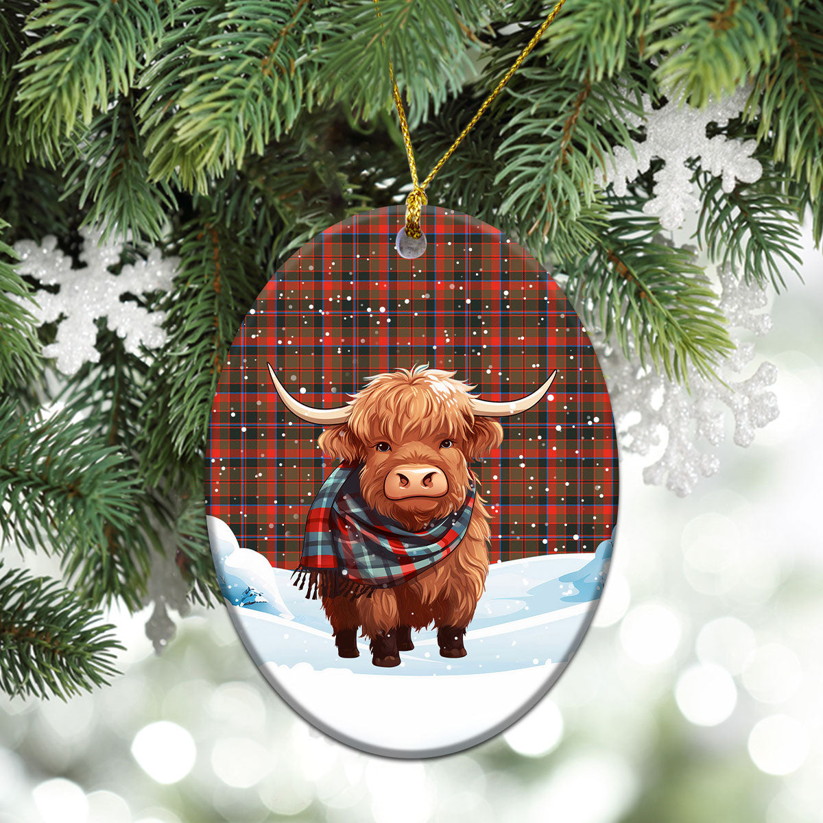 Cumming Hunting Weathered Tartan Christmas Ceramic Ornament - Highland Cows Snow Style