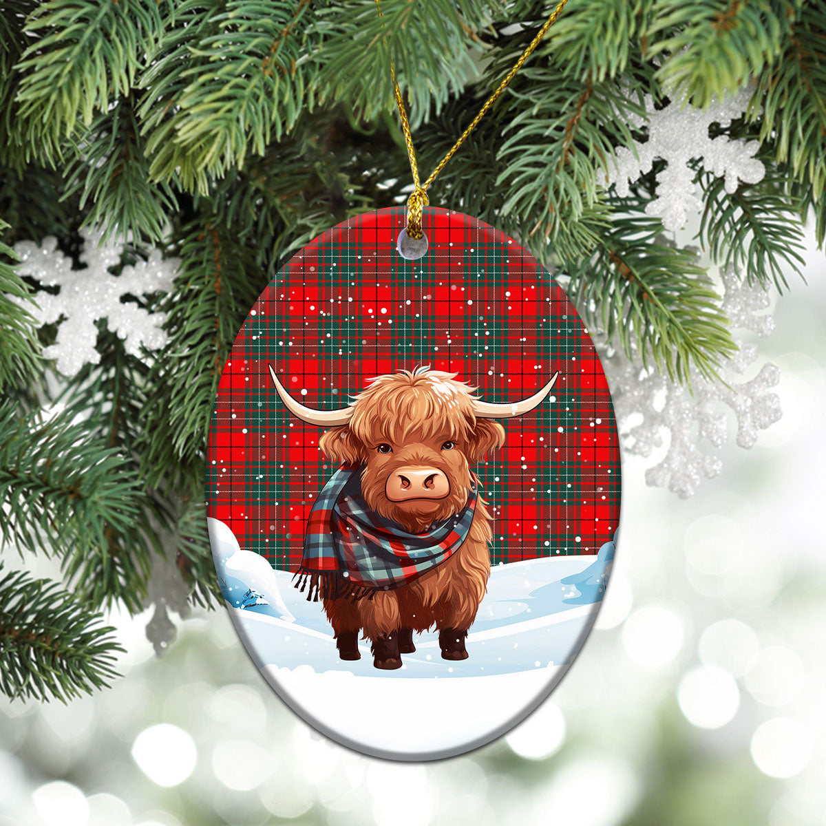 Cumming Modern Tartan Christmas Ceramic Ornament - Highland Cows Snow Style