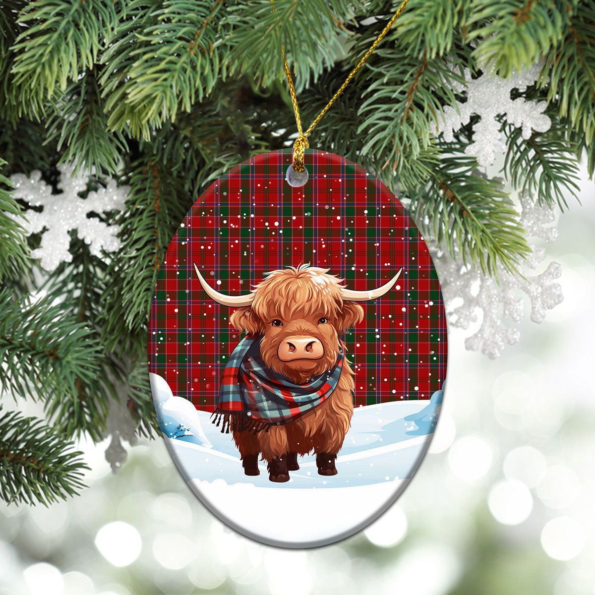 Dalzell Tartan Christmas Ceramic Ornament - Highland Cows Snow Style