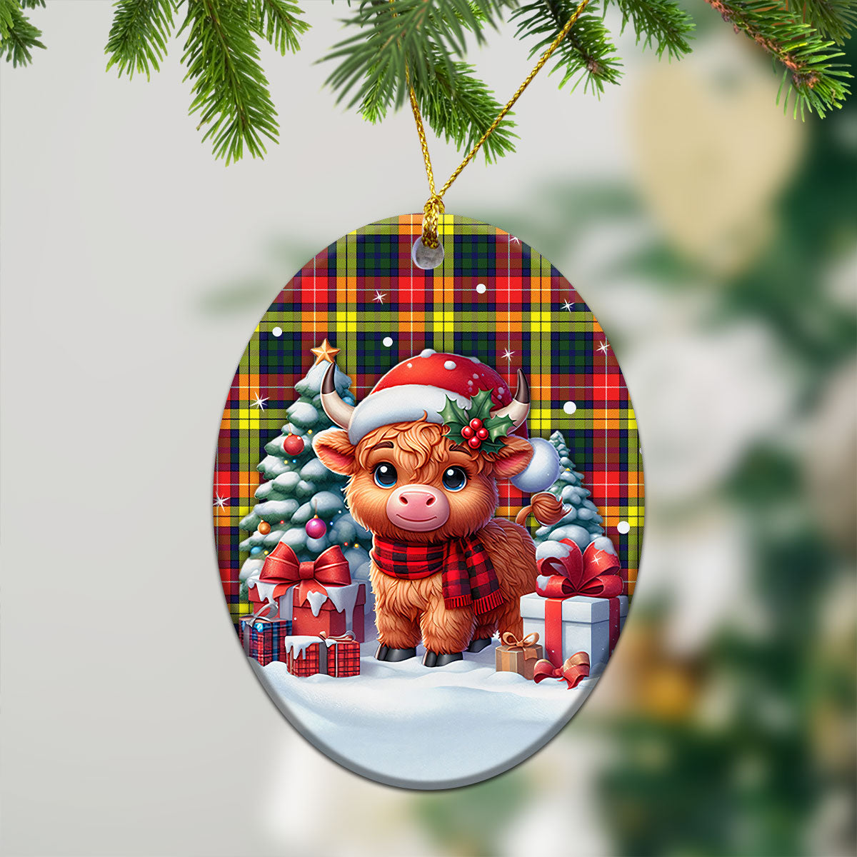 Dewar Tartan Christmas Ceramic Ornament - Highland Cow Winter Style