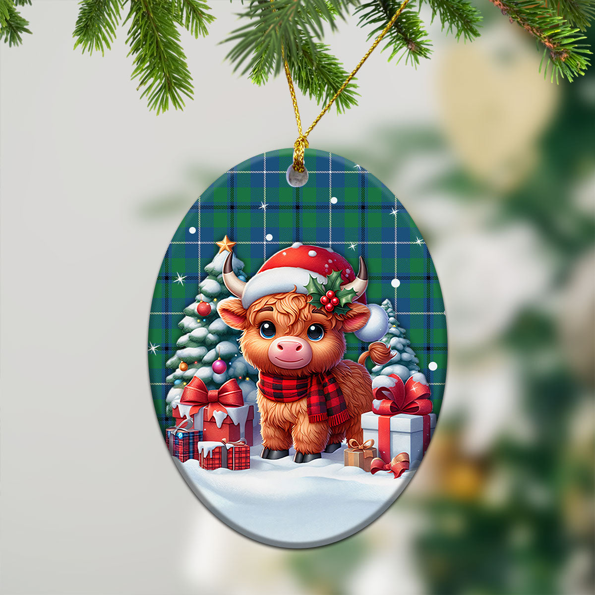 Douglas Ancient Tartan Christmas Ceramic Ornament - Highland Cow Winter Style