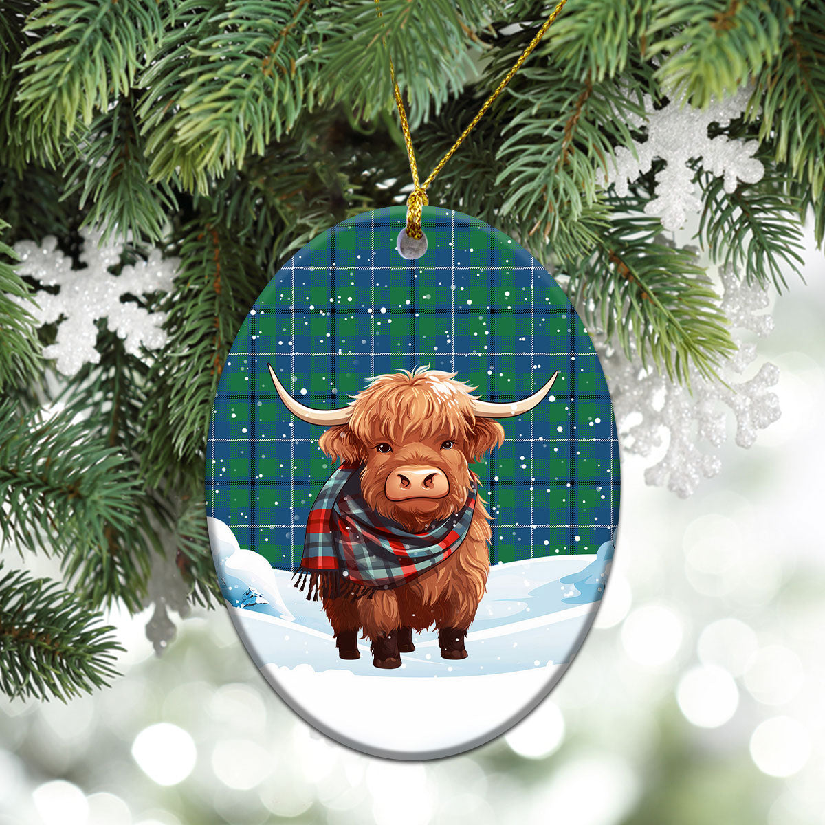 Douglas Ancient Tartan Christmas Ceramic Ornament - Highland Cows Snow Style