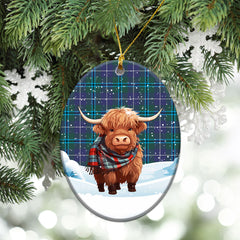 Douglas Modern Tartan Christmas Ceramic Ornament - Highland Cows Snow Style