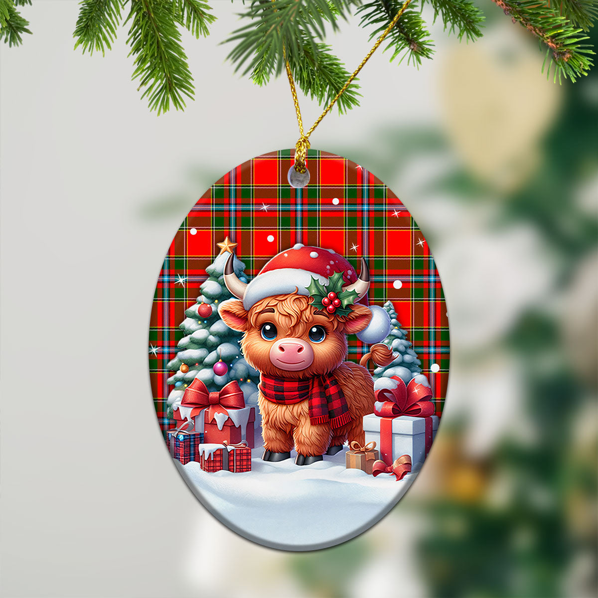 Drummond of Perth Tartan Christmas Ceramic Ornament - Highland Cow Winter Style