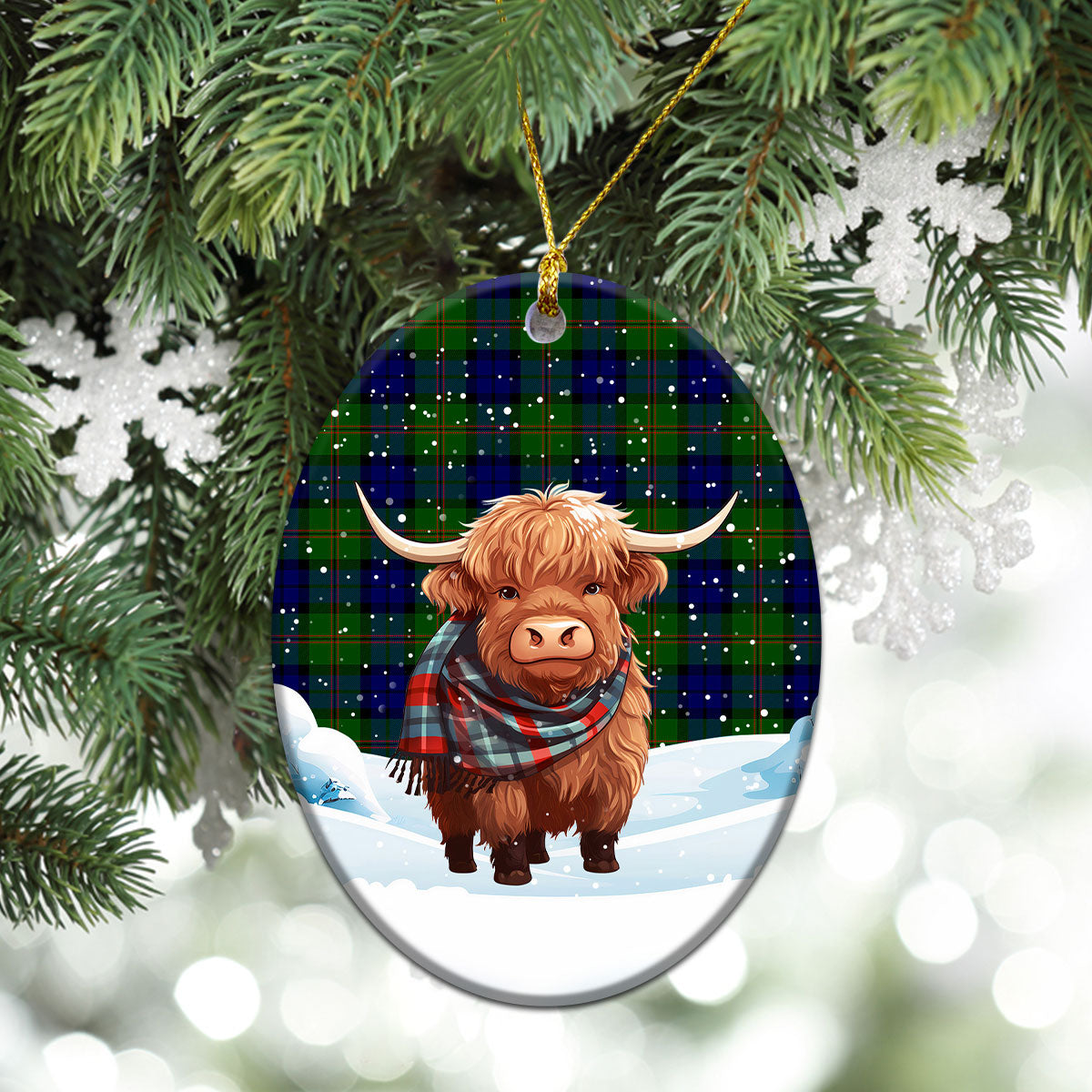 Dundas Modern Tartan Christmas Ceramic Ornament - Highland Cows Snow Style