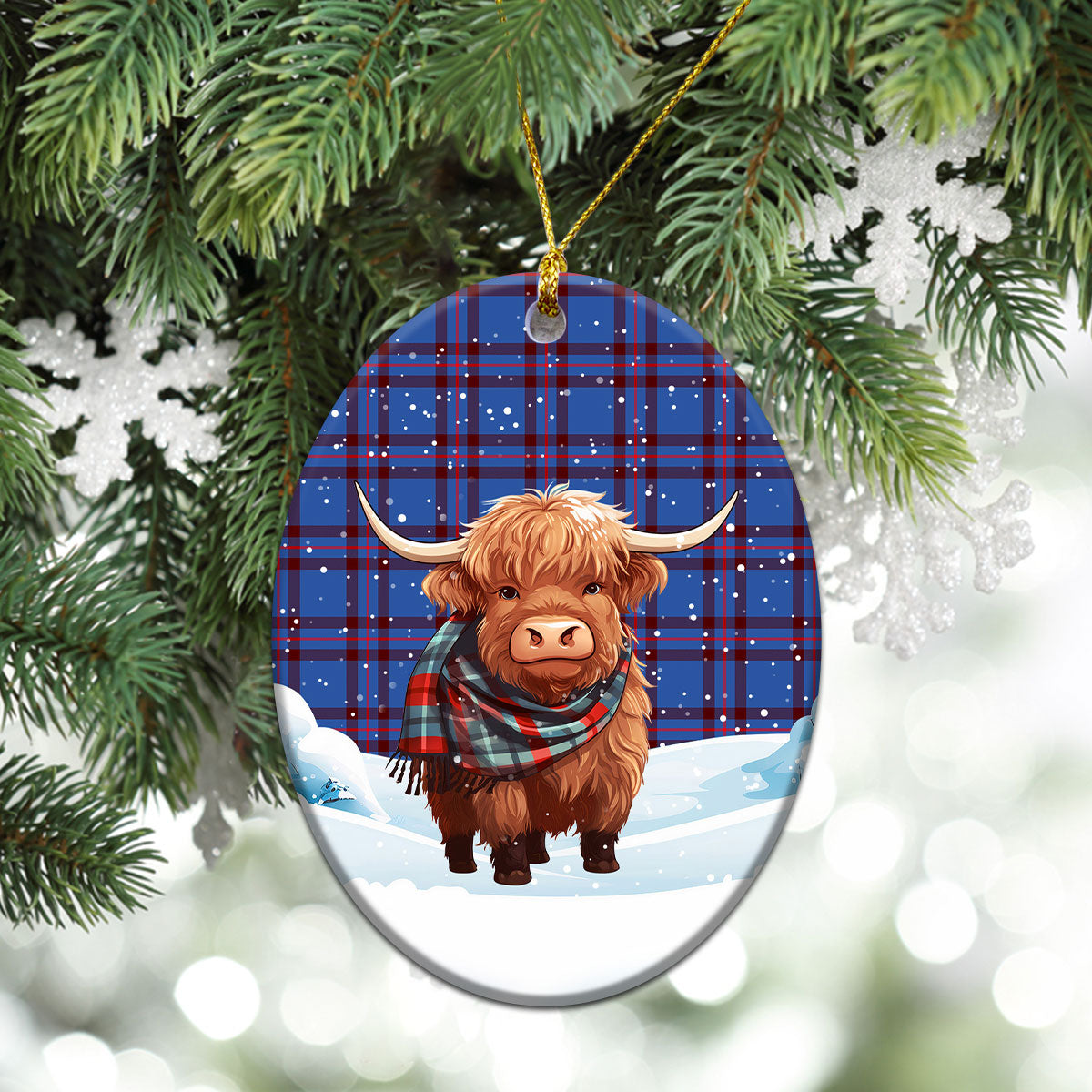 Elliott Modern Tartan Christmas Ceramic Ornament - Highland Cows Snow Style