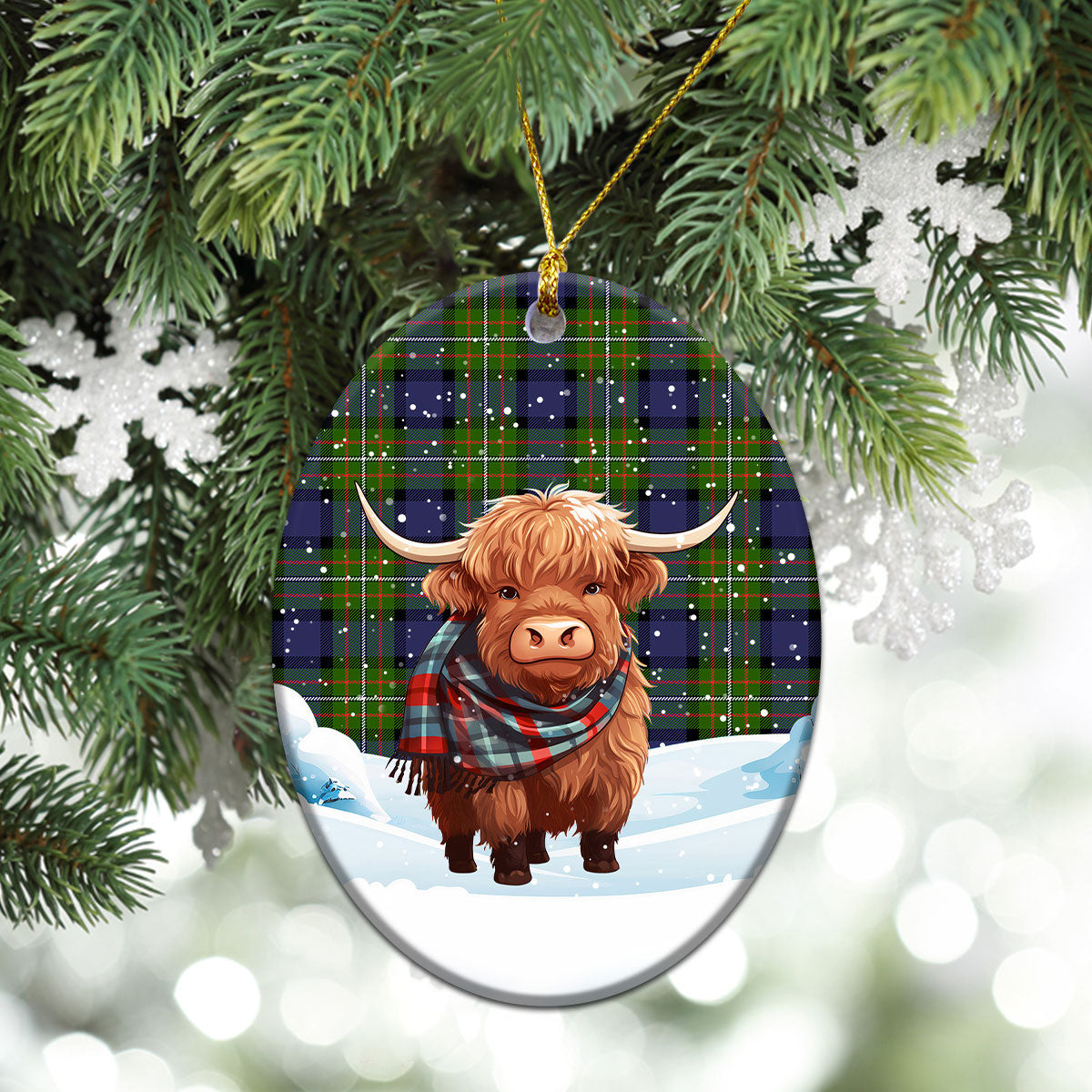 Ferguson Tartan Christmas Ceramic Ornament - Highland Cows Snow Style
