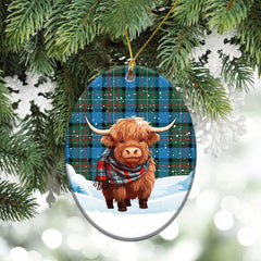 Fergusson Ancient Tartan Christmas Ceramic Ornament - Highland Cows Snow Style