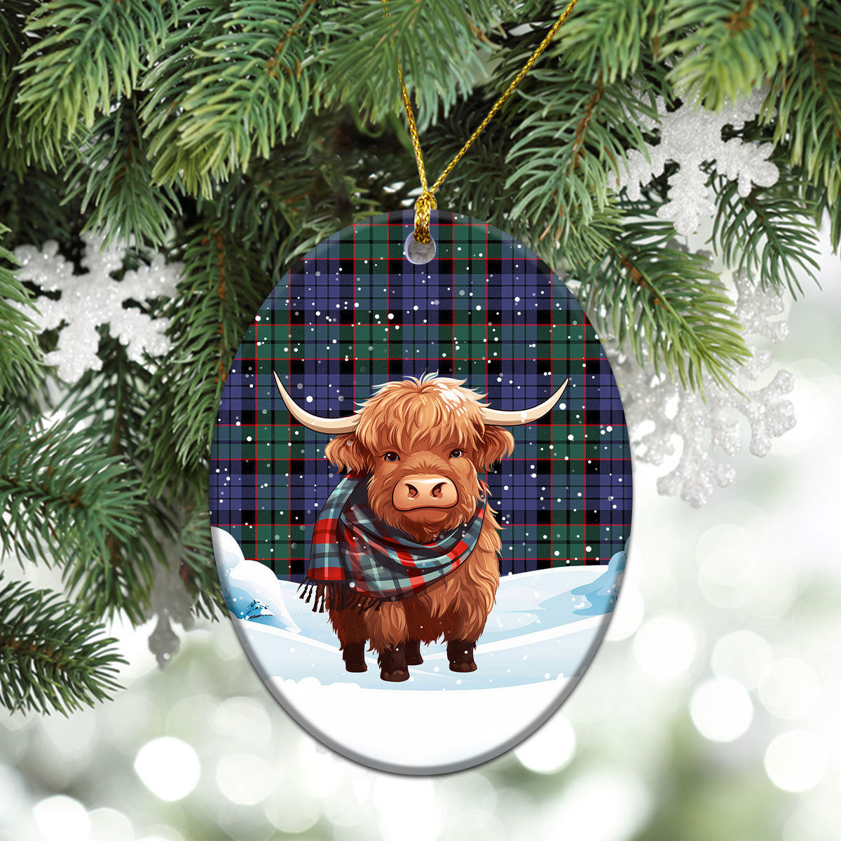 Fletcher Modern Tartan Christmas Ceramic Ornament - Highland Cows Snow Style