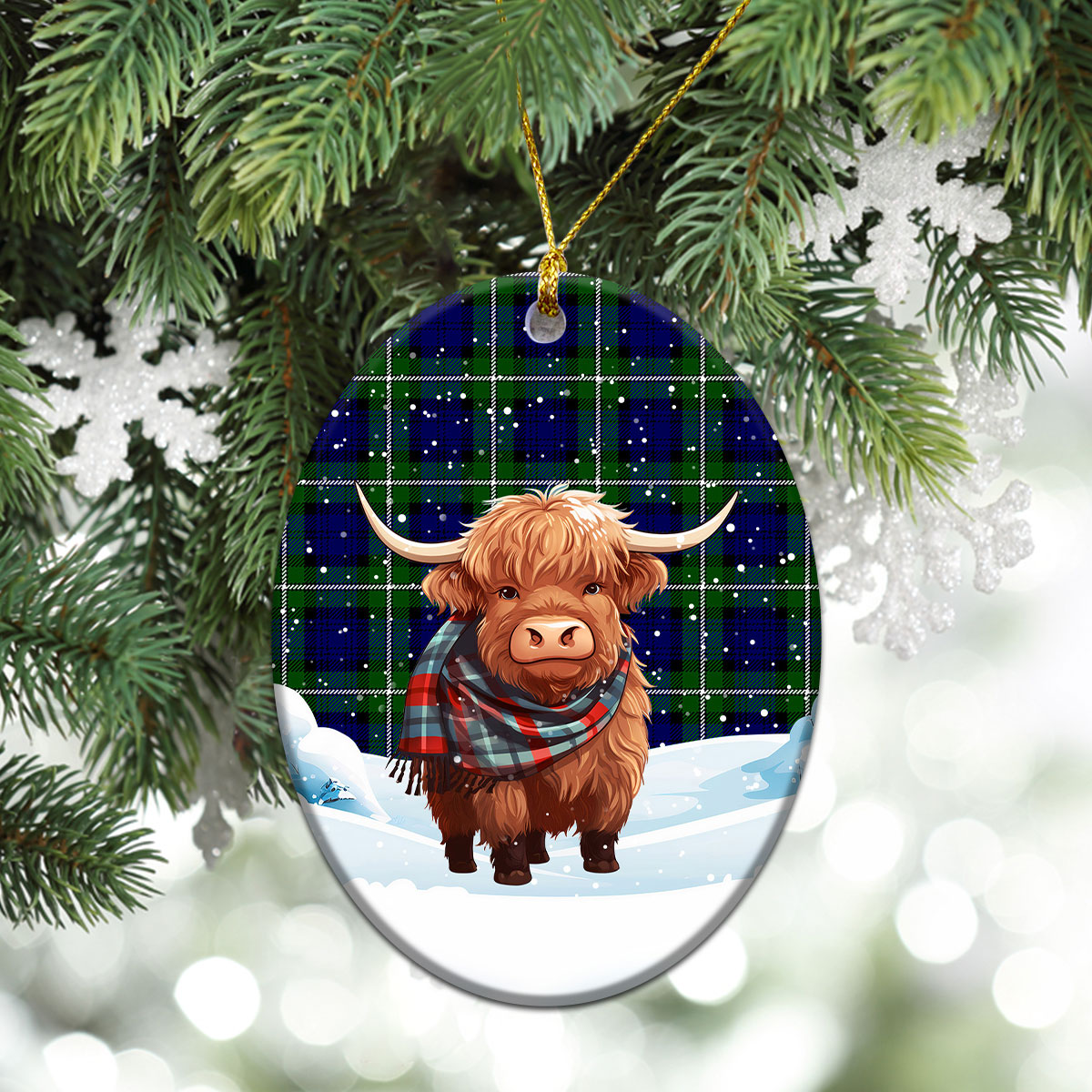 Forbes Modern Tartan Christmas Ceramic Ornament - Highland Cows Snow Style