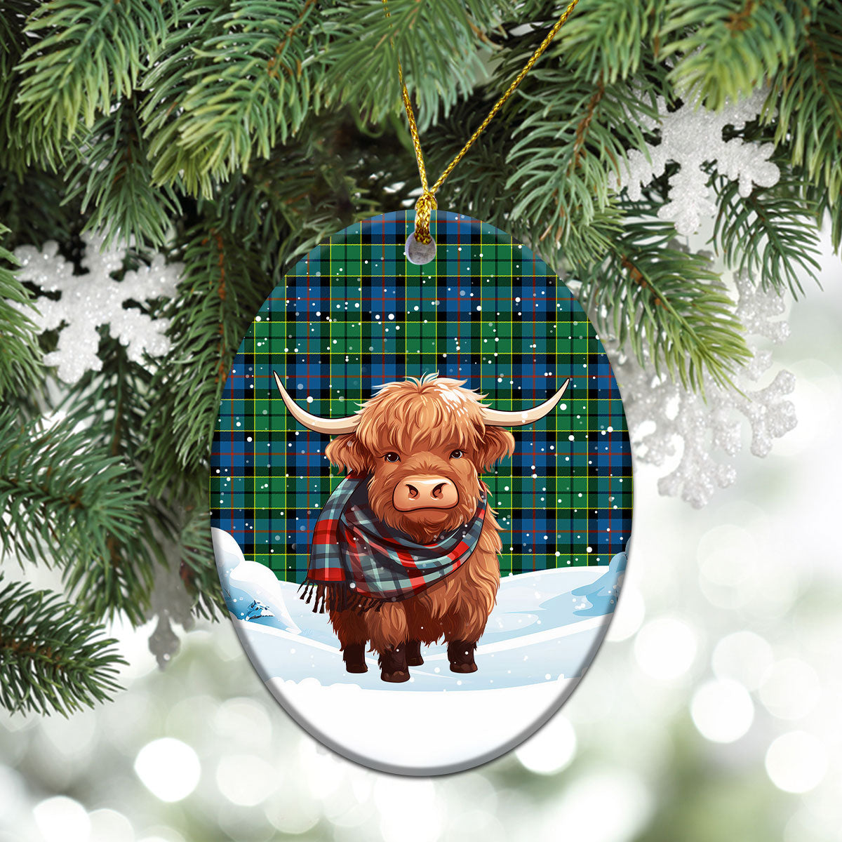 Forsyth Ancient Tartan Christmas Ceramic Ornament - Highland Cows Snow Style