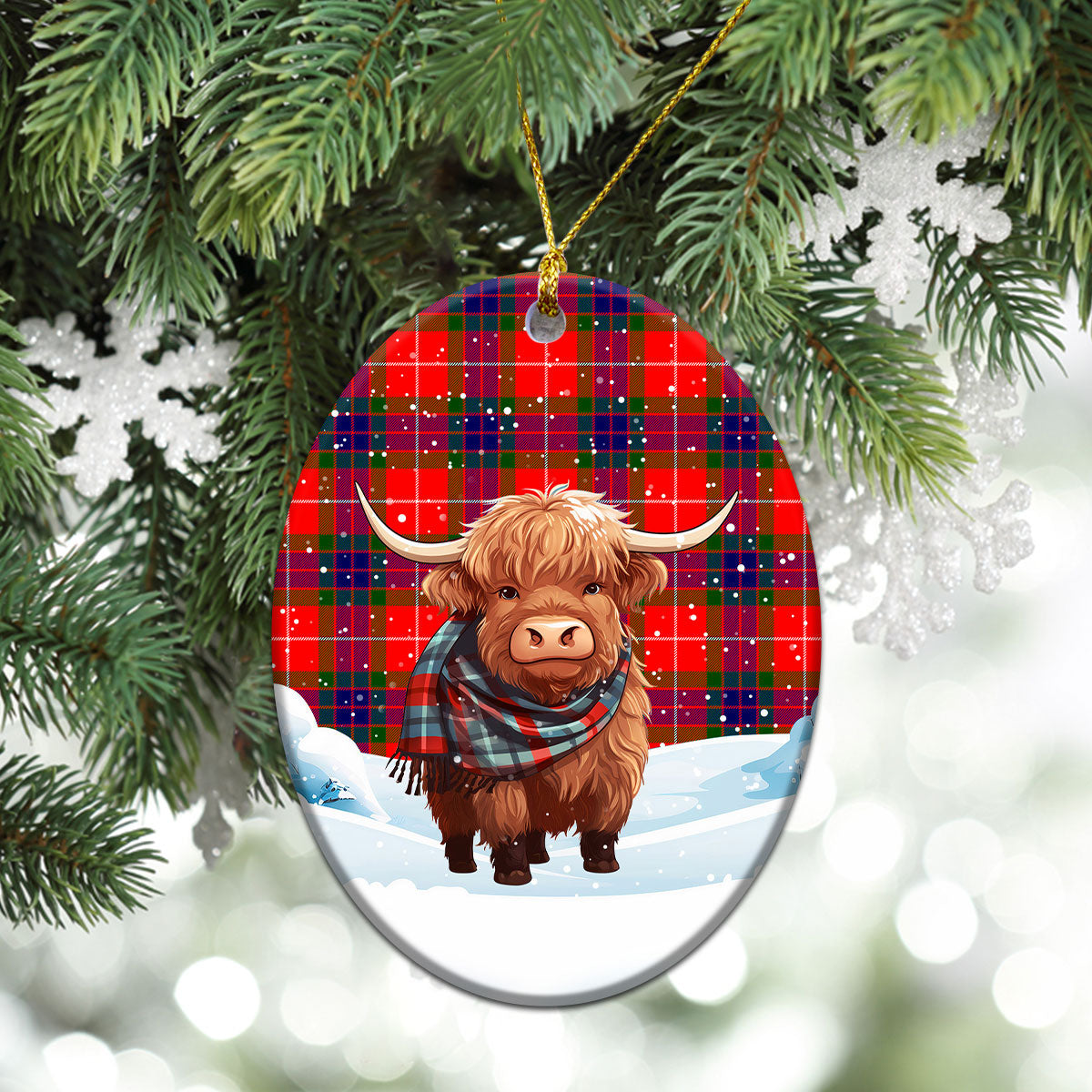 Fraser Tartan Christmas Ceramic Ornament - Highland Cows Snow Style