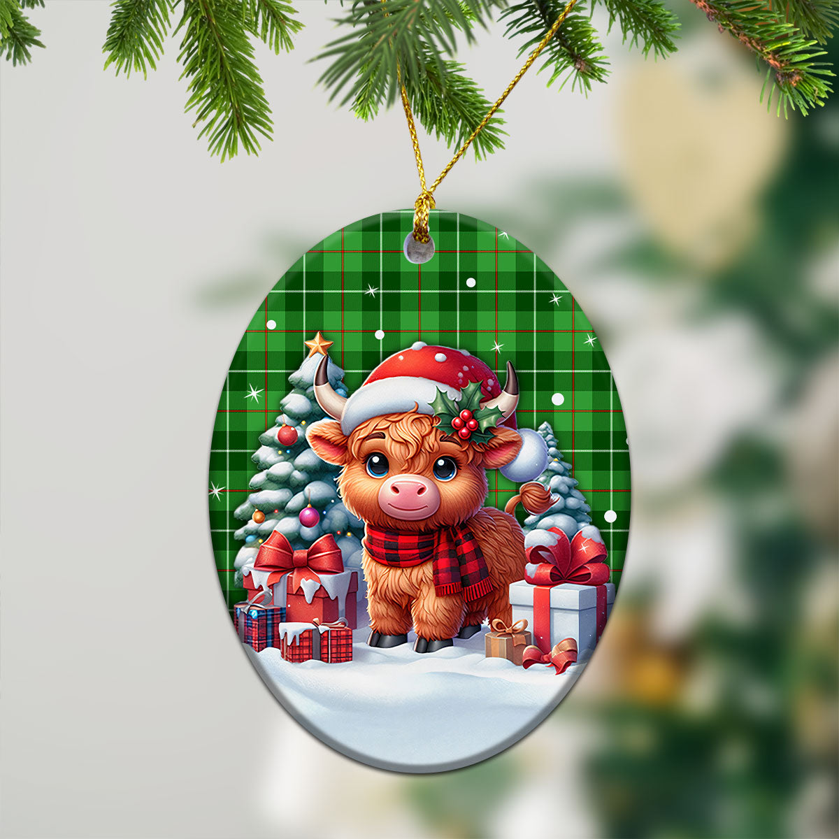 Galloway District Tartan Christmas Ceramic Ornament - Highland Cow Winter Style