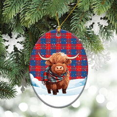 Galloway Red Tartan Christmas Ceramic Ornament - Highland Cows Snow Style