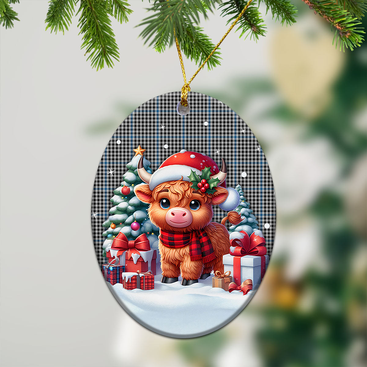 Gladstone Tartan Christmas Ceramic Ornament - Highland Cow Winter Style