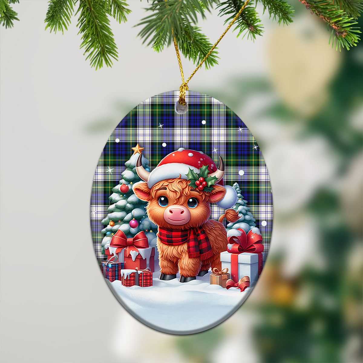 Gordon Dress Modern Tartan Christmas Ceramic Ornament - Highland Cow Winter Style