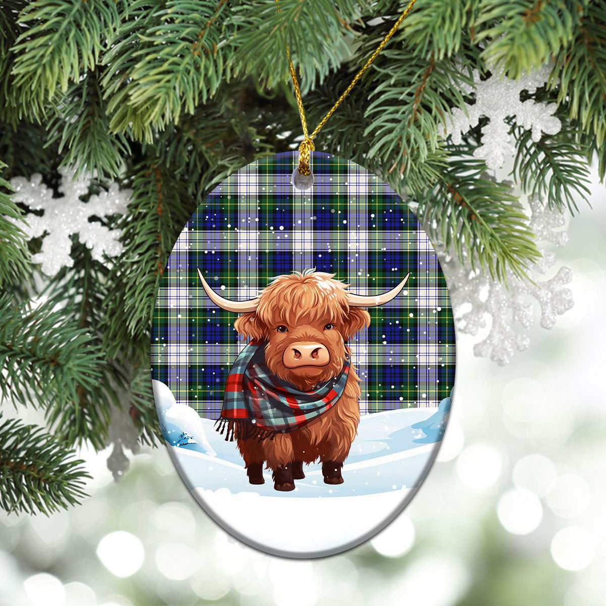 Gordon Dress Modern Tartan Christmas Ceramic Ornament - Highland Cows Snow Style