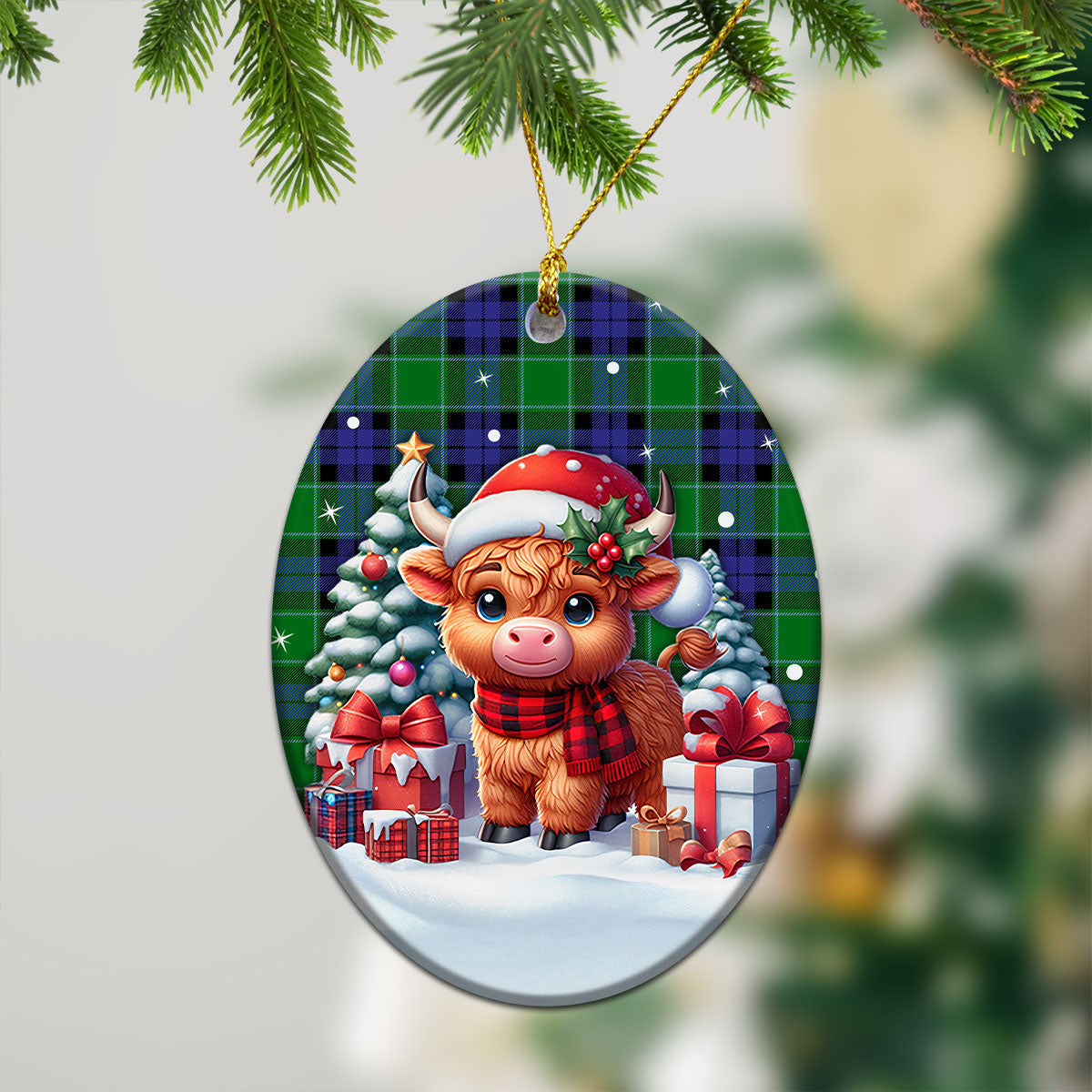 Graham of Menteith Modern Tartan Christmas Ceramic Ornament - Highland Cow Winter Style