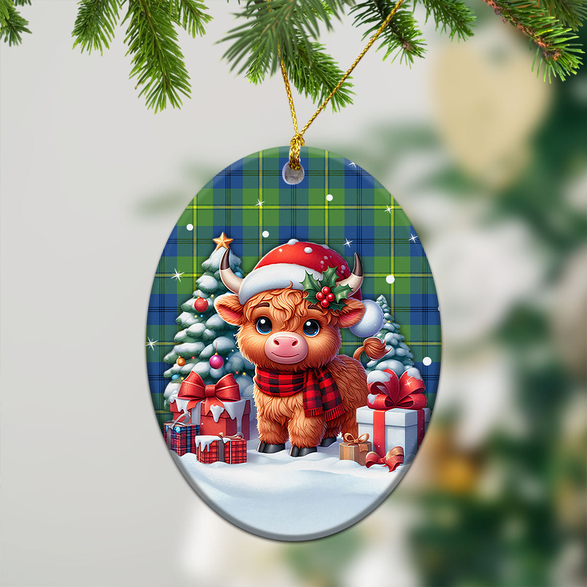 Johnstone Ancient Tartan Christmas Ceramic Ornament - Highland Cow Winter Style