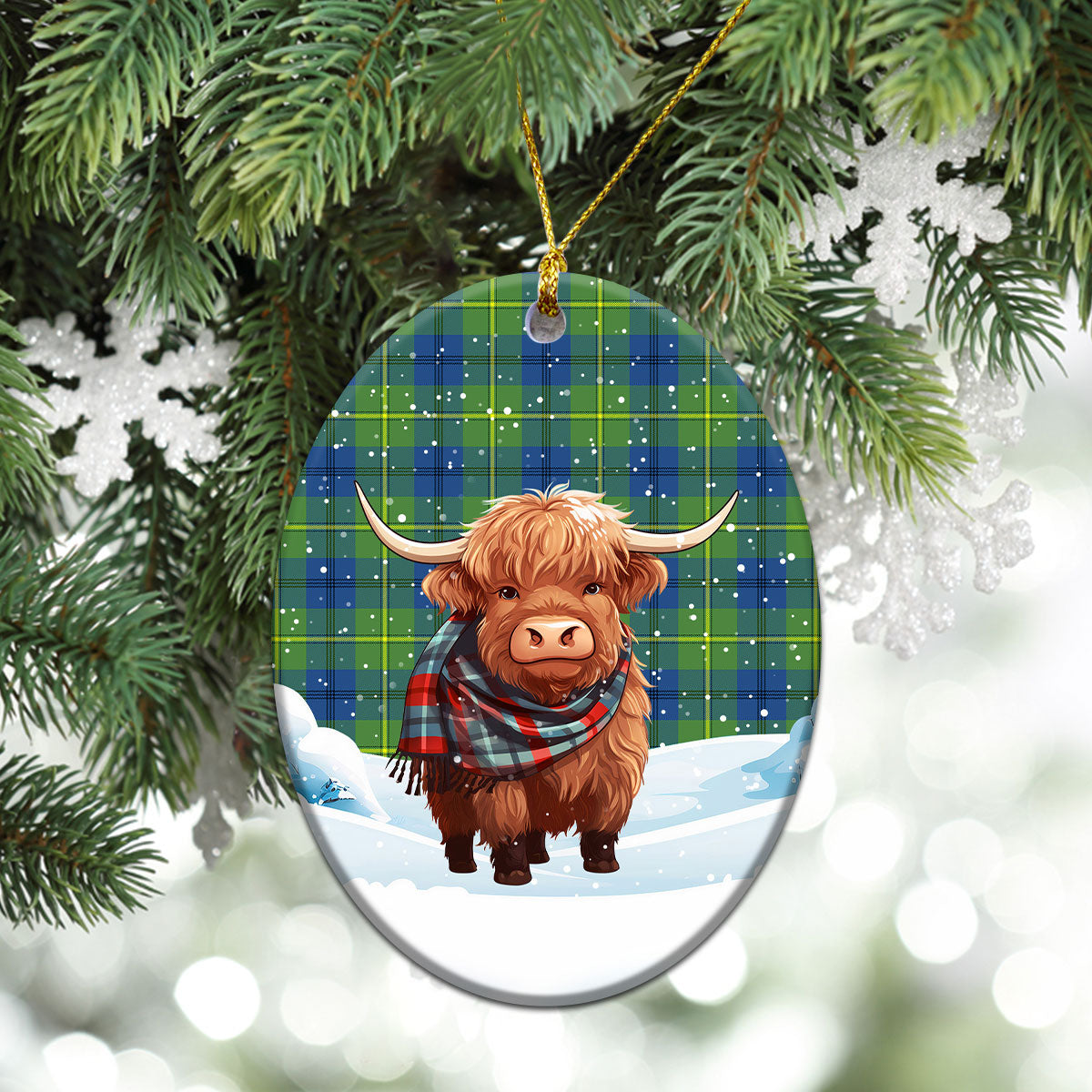 Johnstone Ancient Tartan Christmas Ceramic Ornament - Highland Cows Snow Style