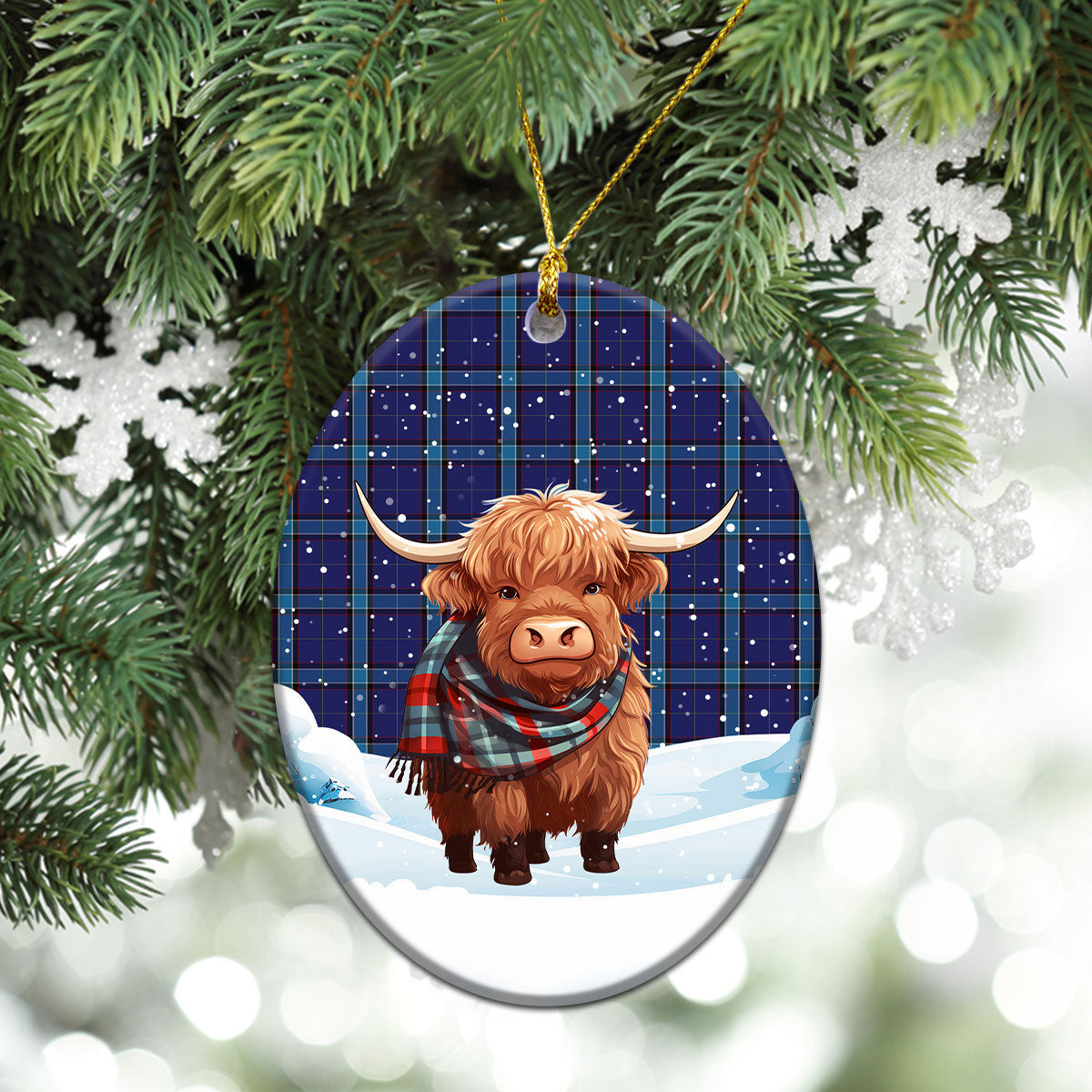 Kirkaldy Tartan Christmas Ceramic Ornament - Highland Cows Snow Style