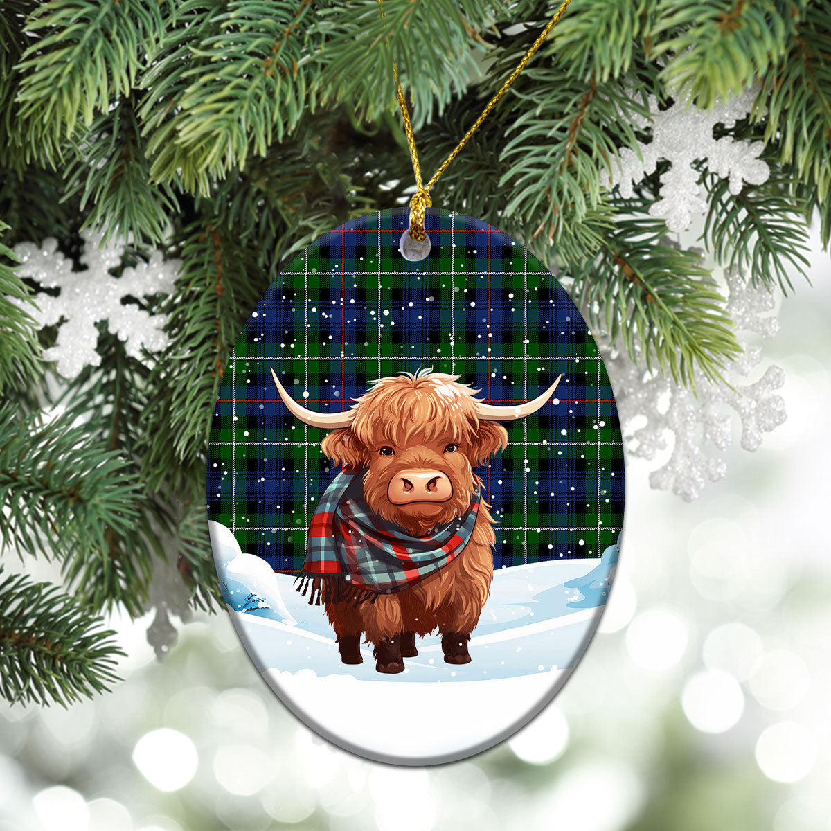 Kirkpatrick Tartan Christmas Ceramic Ornament - Highland Cows Snow Style