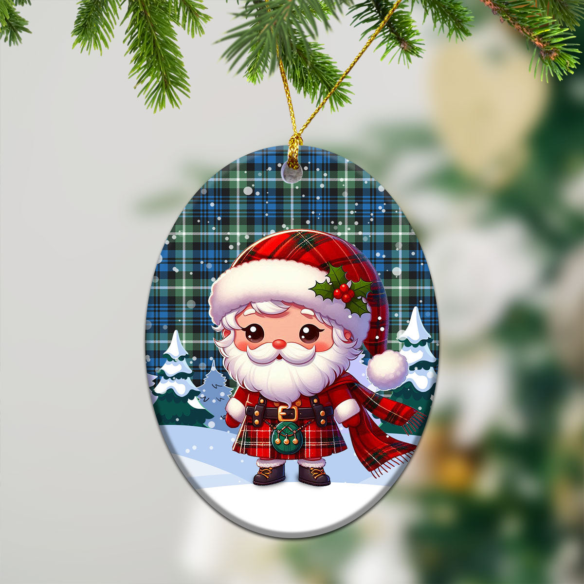 Lamont Ancient Tartan Christmas Ceramic Ornament - Santa Claus In Kilt Style