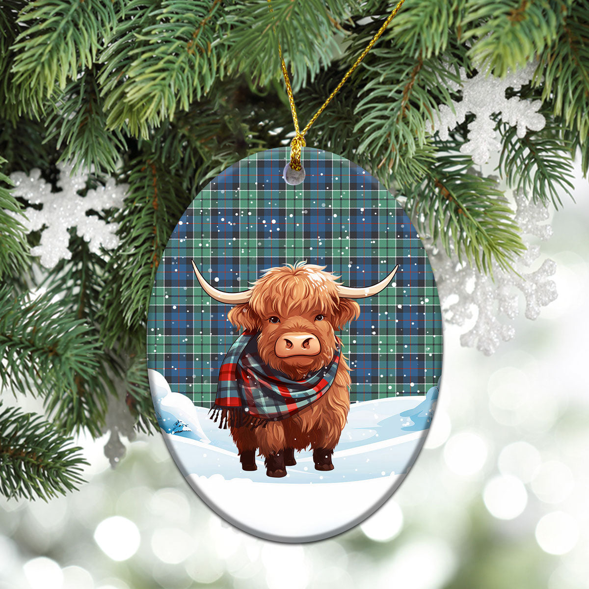 Leslie Hunting Ancient Tartan Christmas Ceramic Ornament - Highland Cows Snow Style