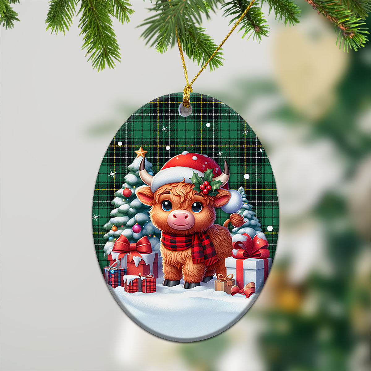 MacAlpine Ancient Tartan Christmas Ceramic Ornament - Highland Cow Winter Style