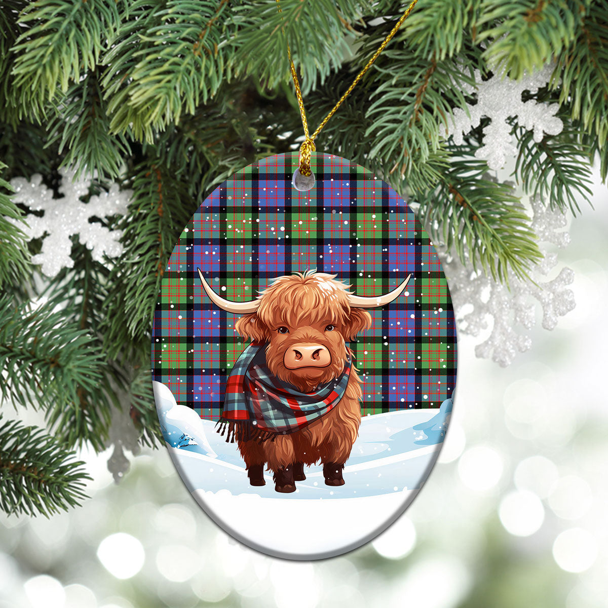 MacDonald Ancient Tartan Christmas Ceramic Ornament - Highland Cows Snow Style