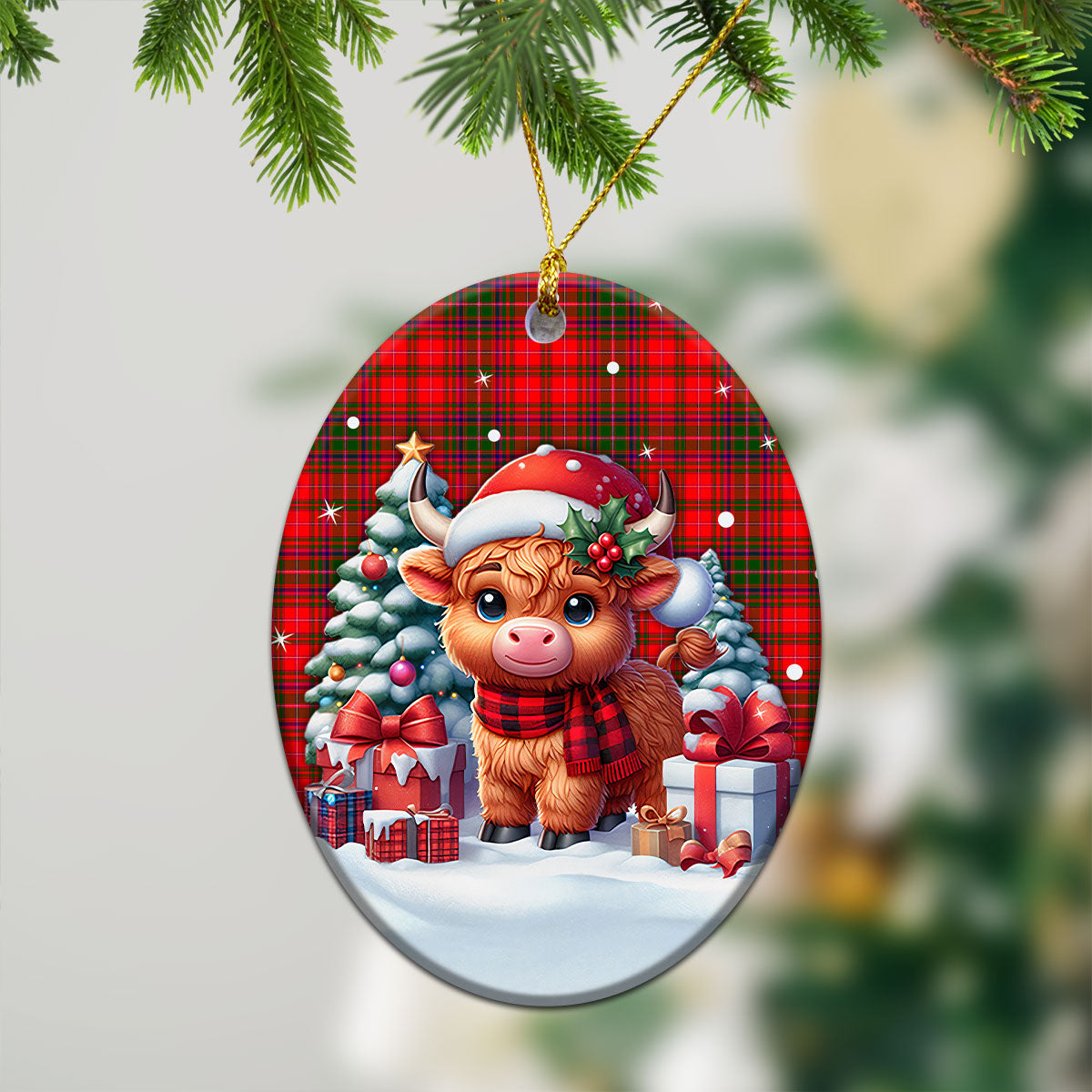 MacDougall Modern Tartan Christmas Ceramic Ornament - Highland Cow Winter Style