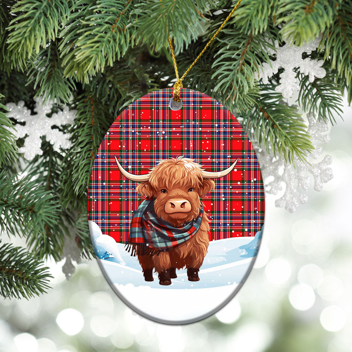 MacFarlane Modern Tartan Christmas Ceramic Ornament - Highland Cows Snow Style