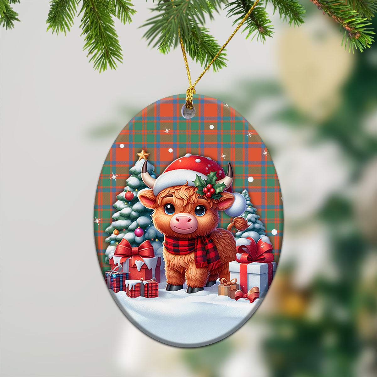 MacIntosh Ancient Tartan Christmas Ceramic Ornament - Highland Cow Winter Style